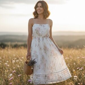 Women’s Whimsy Fairycore Dainty Floral Flowy Cottagecore Midi Dress